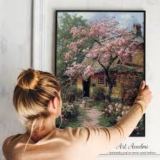 Charming Cottage With Blossoming Cherry Tree Countryside Printable Art for  Home Decor Art Academi