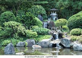 The japanese landscape above represents an ordinary hill garden of the finished style, and may be taken as the best form suitable to spacious land, located in front of the principal building. Japanese Landscape Japanese Garden With Stone Lantern And Flowing Water Canstock