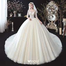 Ein hochzeitskleid mit einem korsett sieht immer elegant, sanft und stilvoll aus. Schone Champagner Durchsichtige Korsett Brautkleider Hochzeitskleider 2020 Ballkleid V Ausschnitt 1 2 Armel Ruckenfreies Applikationen Blumen