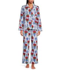 8 Oak Lane Long Sleeve Notch Collar Poinsettia Print Flannel Holiday Pajama  Set