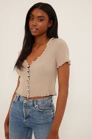 Pearl Detail Knitted Short Sleeve Cardigan Beige Na Kd Com