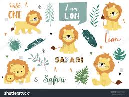 Cute Animal Object Collection With Lion And Leaves Vector Illustration For Icon Logo Sticker Printable Include Wording Wild O In 2020 Cute Animals Logo Sticker Animals