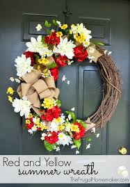 Red And Yellow Summer Wreath With A Burlap Bow Wreaths Summer Wreath Wreath Decor