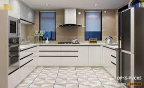 Create a modern kitchen with led light doors, use a patterned or colorful. Modern White High Gloss Pvc Kitchen Cabinet Op15 Pvc05