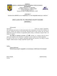 Cererile de mai jos sînt ilustrate cu titlu exemplificativ, pentru orientare, şi nu reprezintă conţinutul original şi obligatoriu pentru actul juridic respectiv. Declaratie Pe Proprie Raspundere