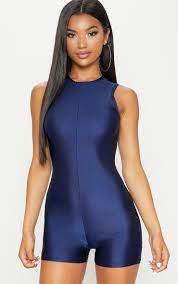 Navy Disco Racer Neck Unitard Prettylittlething Il