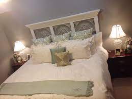 Diy Headboard Made From Vintage Ceiling Tiles Soft Bedroom Grey And Blue Pottery Barn Perfect Home Decor Bedroom Bedroom Headboard Ceiling Tile Headboard