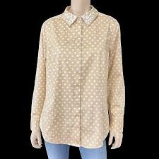 Lane Bryant Women's Beige White Polka Dot Embellished Button Down Shirt  Size 14