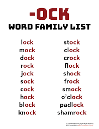 Ock Word Family List Primarylearning Org Word Family List Word Families Word Family Worksheets