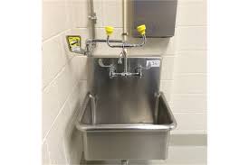 Overview of emergency eye wash station. One 1 Lot Stainless Steel Sink With Eyewash Station Sink Dimensions 24 Long X 18 Wide X 12
