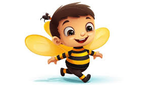 A vector cartoon kid in a bee costume buzzing around
