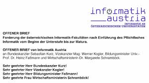 Von den schülern sollte in der coronakrise nicht zu viel gefordert werden, aber immer das gleiche zu wiederholen. Informatik Ausbildung Offener Brief An Die Neue Regierung Informatik Austria