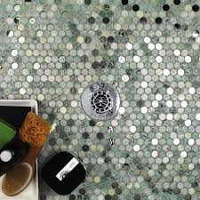 Reflection Ming Green With Mirror Penny Round Marble Glass Tile Marble Glass Tile Glass Tile Tile Bathroom