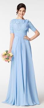 Modest Light Blue Prom Dresses With Elbow Sleeves And Bow Light Blue Prom Dress Light Grey Bridesmaid Dresses Modest Bridesmaid Dresses