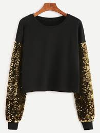 Black Drop Shoulder Embroidered Sequin Sleeve Sweatshirt Clothes Sequin Sleeve Fashion