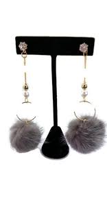Grey Pom Pom Puff Ball Dangle Earrings Theblingthing Com