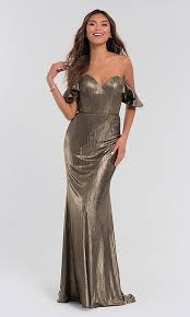 Kleinfeld Metallic Off The Shoulder Bridesmaid Dress Limited Availability Metallic Bridesmaid Dresses Neutral Bridesmaid Dresses Gold Wedding Gowns