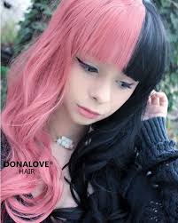Half Pink Half Black Rainbow Wavy Synthetic Wig Hair Color Pink Pink And Black Hair Split Dyed Hair