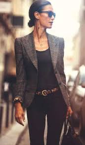 Checked Blazer Over Black Top And Jeans With Brown Belt And Handbag Winter Business Outfits Work Outfits Women Professional Work Outfit