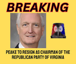 Mark Peake, chair of the Republican Party of Virginia, has confirmed to  that he has submitted his resignation effective immediately. Peake, who  took over the RPV in April 2025, said he is