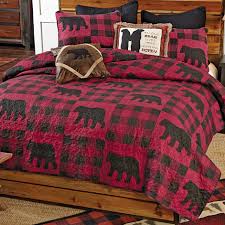 Country style patchwork quilts and quilt sets for sale. Buffalo Plaid Bear Red Quilt Set Full Queen