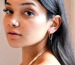 Threader & Opal Hoop Earrings, Connected 14k Gold Filled Threader, Double  Piercings, Set of Two Linked Earrings, Opal Stones, Opal Jewelry