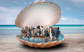 download wallpapers beach sea shell skyscrapers art creative besthqwallpapers com in 2020 abstract photography photoshop design art