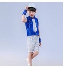 The neck ties with two straps and fringe accents hang to the bottom of the biketard. Boy Jazz Dance Costumes Kids Children Royal Blue Silver Hiphop Modern Dance Stage Performance Singers Ds Dj Dancing Tops And Shorts