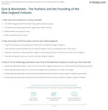 Quiz Worksheet The Puritans And The Founding Of The New England Colonies Study Com