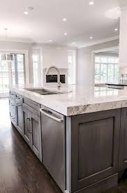 Grey Cabinets With White Marble Countertops Farmhouse Kitchen Cabinets Kitchen Island Design Kitchen Cabinets Makeover