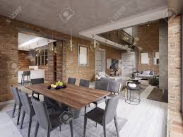Some apartments and rental homes do not have separate dining and living room spaces. Modern Dining Room With Dining Table And Eight Chairs In A Loft Style Apartment With Kitchen And Living Room 3d Rendering Stock Photo Picture And Royalty Free Image Image 113849194