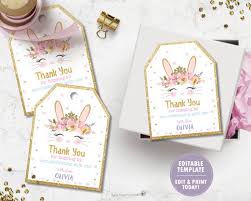 Baby tag templates shower gift free printable. Editable Template Bunny Thank You Tags Favors Cute Bunny Rabbit Printable Baby Shower Girl Birthday Baptism Floral Glitter Gold Cb2 By The Happy Cat Studio Catch My Party