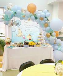 Winnie The Pooh Baby Shower Backdrop With Balloon Garland Itsaboy Winniethe Baby Shower Balloon Decorations Baby Shower Fall Baby Shower Decorations For Boys