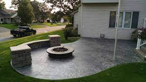 Stamped Concrete Patio With Fire Pit And Seating Walls By Sierra Concrete Arts Concrete Patio Designs Stamped Concrete Patio Concrete Patio