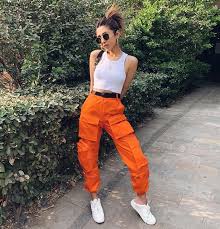 Black And Orange Cargo Pants High Waist Zipper Cargo Pocket Loose Jogger Pant Orange Black Blue Harajuku In 2020 Orange Pants Outfit Orange Outfit Hip Hop Dance Outfits