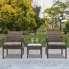 These pared down sets can be placed just about anywhere outside to create an intimate seating area. 3pcs Rattan Wicker Patio Bistro Furniture Set Chairs Storage Table W Cushion New Ebay