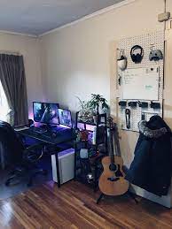 My Favorite Corner Of My University Dorm Room Just Need Some Wall Art Above The Monitors Would Love S Dorm Room Designs Dorm Room Inspiration Mens Room Decor
