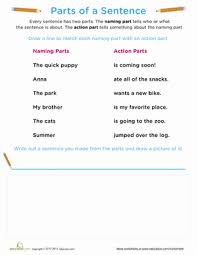 Beginning Grammar Parts Of A Sentence Worksheet Education Com Parts Of A Sentence First Grade Writing Sentences