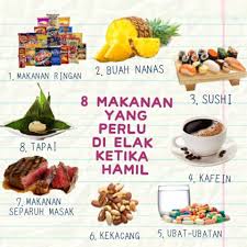 Ibu mengandung dinasihatkan untuk sentiasa ambil makanan yang kaya zat seperti asid folik, zat besi, vitamin c, kalsium dan vitamin a. Makanan Yang Perlu Dielakkan Ketika Hamil