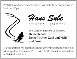 Traueranzeigen Von Hans Sube Markische Onlinezeitung Trauerportal