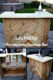 Turn Pallets Into An Amazing Herringbone Pallet Party Bar And Make Your Backyard Man Cave Or Another Pallet Diy Pallet Furniture Outdoor Home Bar Accessories
