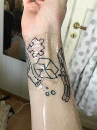 Wonderful 3d bloody puzzle piece tattoo on the back. What Do People Think Of My Stick N Poke Tattoos Butterfly Knife And Puzzle Piece Still Has Some More Work To Be Done Sticknpokes