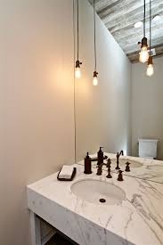 Bathroom Light Fixture With Outlet Plug Farmhouse Powder Room And Bare Bulb Pendant Edison Bulb Industrial Marble Countertops Pendant Lighting Reclaimed Wood Ceiling Finefurnished Com