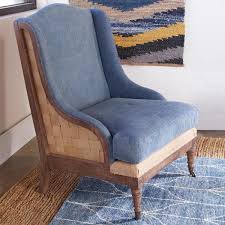 Rustic Denim Wingback Chair This Oak Framed Denim Lounge Chair Features Exposed Jute Bu Wingback Chair World Market Dining Chairs Leather Dining Room Chairs