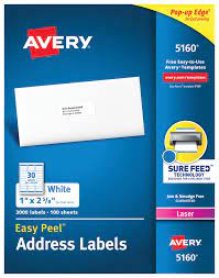 One of the most common labels used in business and at home is the avery 5160 label. Avery Easy Peel Adhesive Mailing Address Labels For Laser Printers 1 X 2 5 8 Inches White Box Of 3000