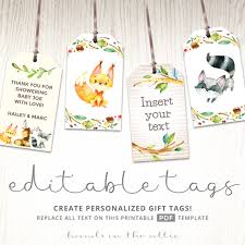 They are perfect for baby showers and each pattern comes with a circle tag (that can be easily cut out with a 2.5″ circle punch), a tag to string onto a gift, and a card that can be folded in half and written inside. Woodland Creatures Baby Shower Tags Editable Templates Hands In The Attic