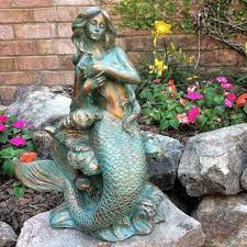 Giant classic mermaid sitting on coastal ocean rock looking out to sea in bronze patina finish beach nautical garden statue walmart usa on sale for $184.99 original price $209.98 $ 184.99 $209.98 Life Size Bronze Mermaid Garden Statue Sitting On Rock Supplier Bokk 705 You Fine Sculpture