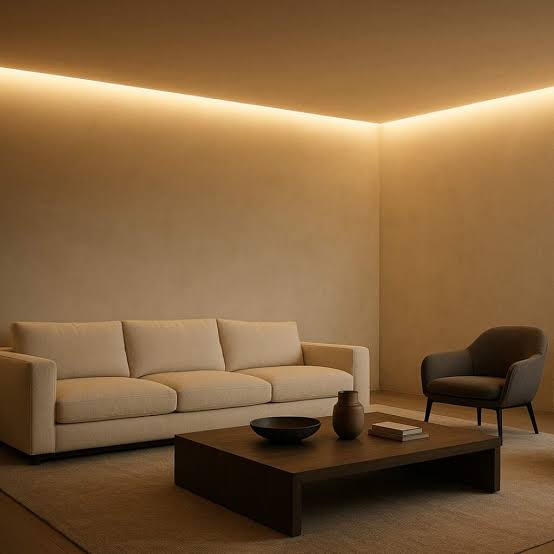 Acabamento de teto em gesso com cortineiro e iluminação embutida valorizando sala