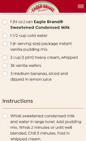 In a large bowl combine chilled eagle brand milk and cold water. Keith Family Reunion Best Banana Pudding Add Eagle Brand And Whip Cream Instructions Whis Banana Pudding Best Banana Pudding Eagle Brand Banana Pudding