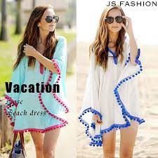 2色 ボンボンフリンジポンチョ ゆったりシルエットビーチワンピース 水着やビキニと合わせて着るビーチウェア f ホワイト ブルー ボヘミアン風 夏 ワンピース 紫外線対策 体型カバー 海 リゾート 南国旅行 170309 jsファッション 春夏 新作 ビー